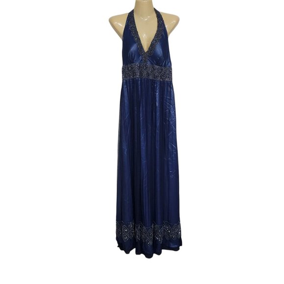 Adrianna Papell Dress Blue Evening Halter Gown Size 14 Polyester Silk Embellishe - Picture 11 of 11